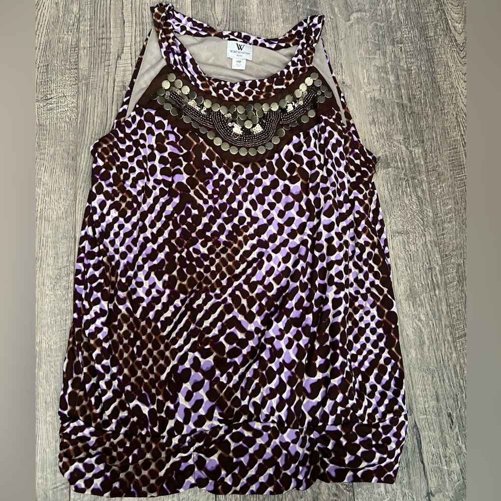 Worthington Purple and White Embellished Graphic Tank Top